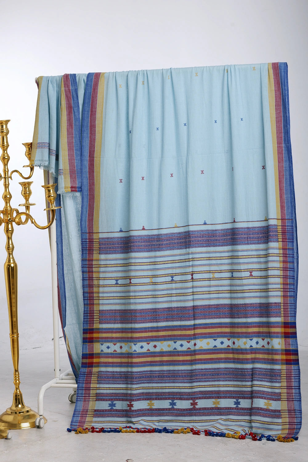 Light Blue with Maroon Bhujodi Saree with Yellow Highlights – Handwoven in Organic Kala Cotton