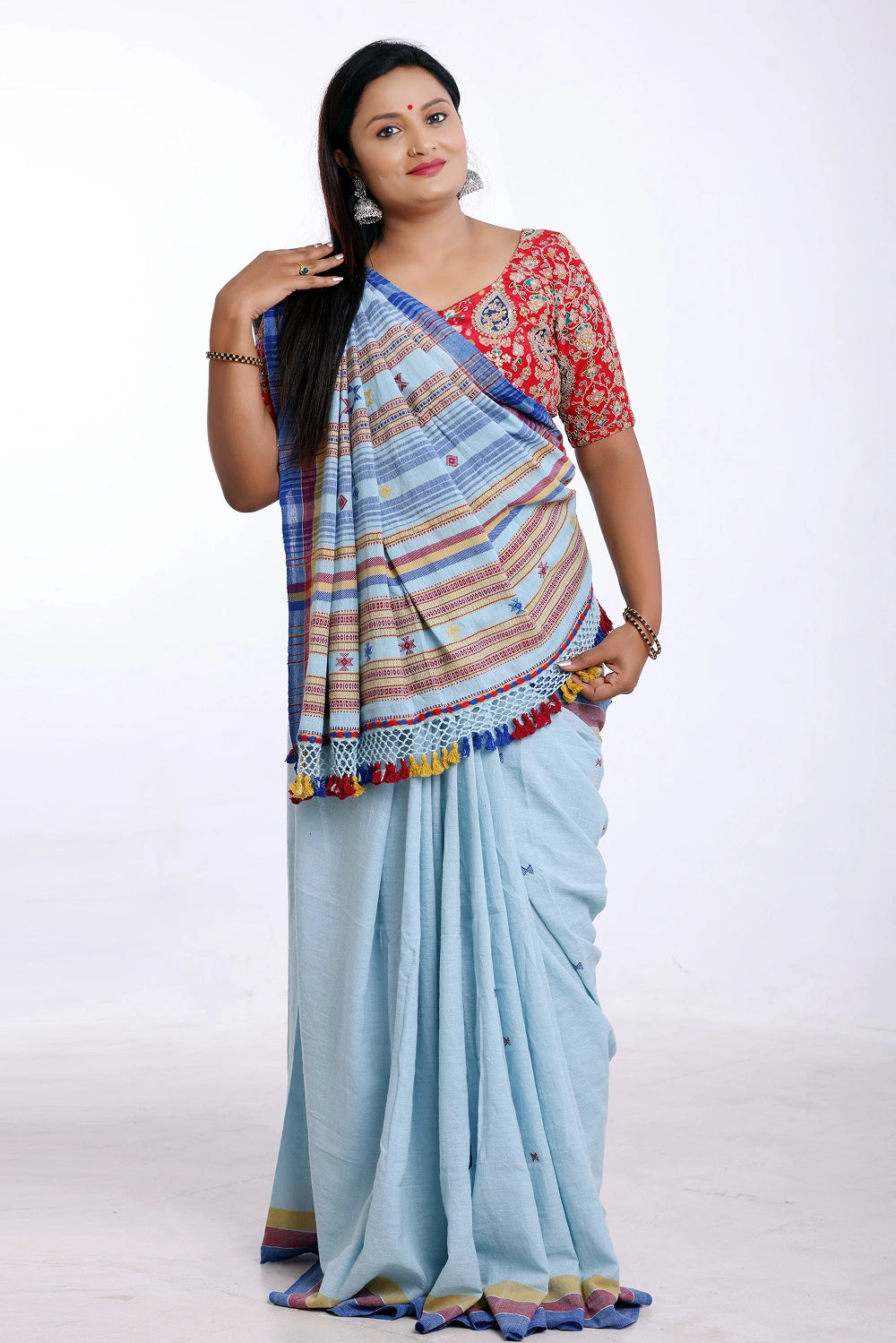 Blue with Red Bhujodi Saree with Yellow Highlights – Handwoven in Organic Kala Cotton