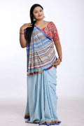 Blue with Red Bhujodi Saree with Yellow Highlights – Handwoven in Organic Kala Cotton