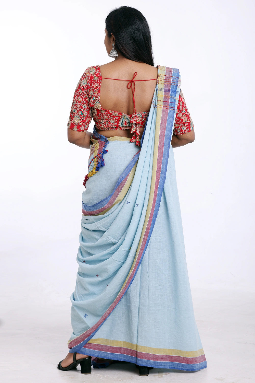 Blue with Red Bhujodi Saree with Yellow Highlights – Handwoven in Organic Kala Cotton