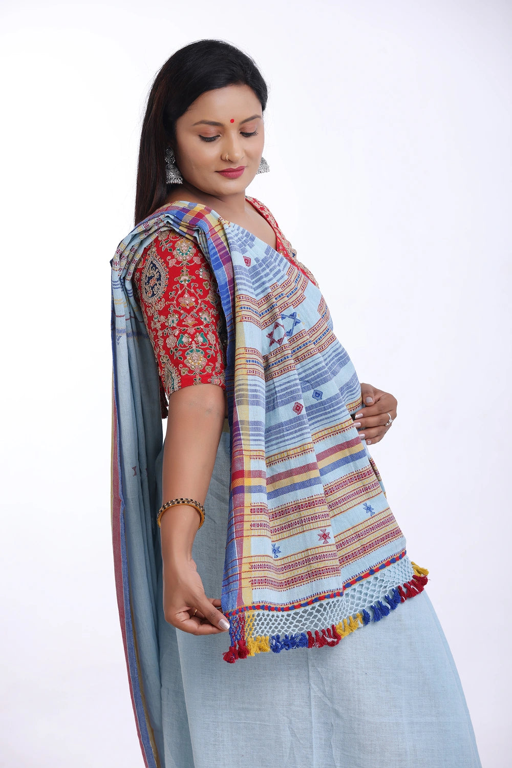 Blue with Red Bhujodi Saree with Yellow Highlights – Handwoven in Organic Kala Cotton