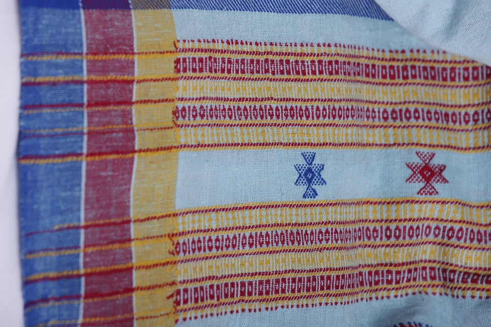 Blue with Red Bhujodi Saree with Yellow Highlights – Handwoven in Organic Kala Cotton
