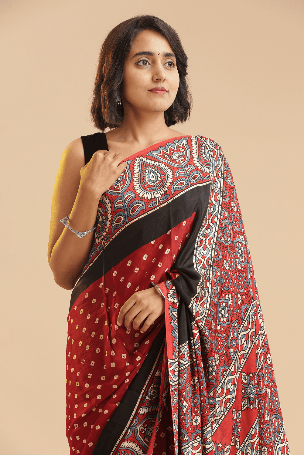 Timeless in Red – Ajrakh × Bandhani in Modal Silk Saree with rich Lagdipatta Pallu