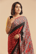 Timeless in Red – Ajrakh × Bandhani in Modal Silk Saree with rich Lagdipatta Pallu