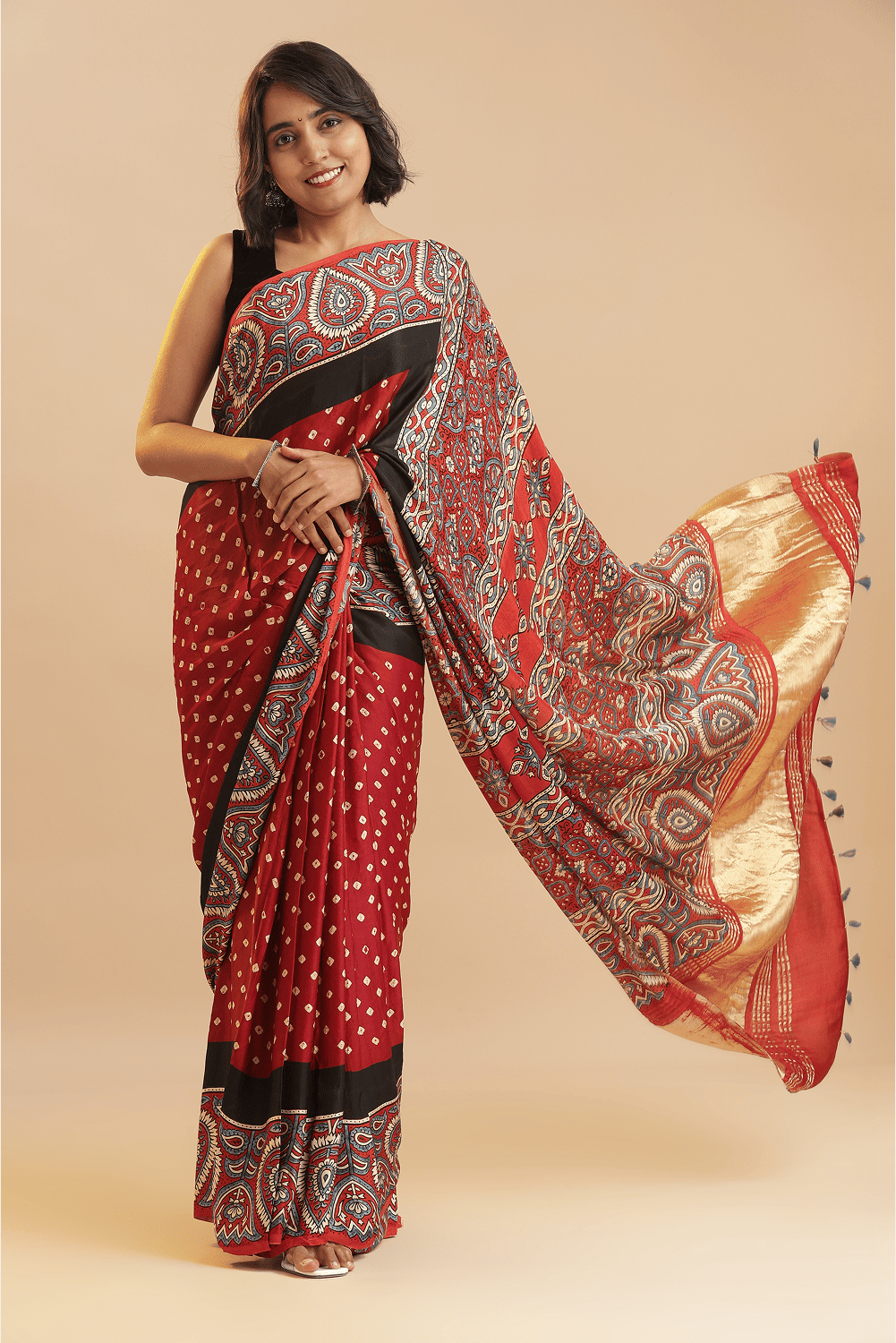 Timeless in Red – Ajrakh × Bandhani in Modal Silk Saree with rich Lagdipatta Pallu