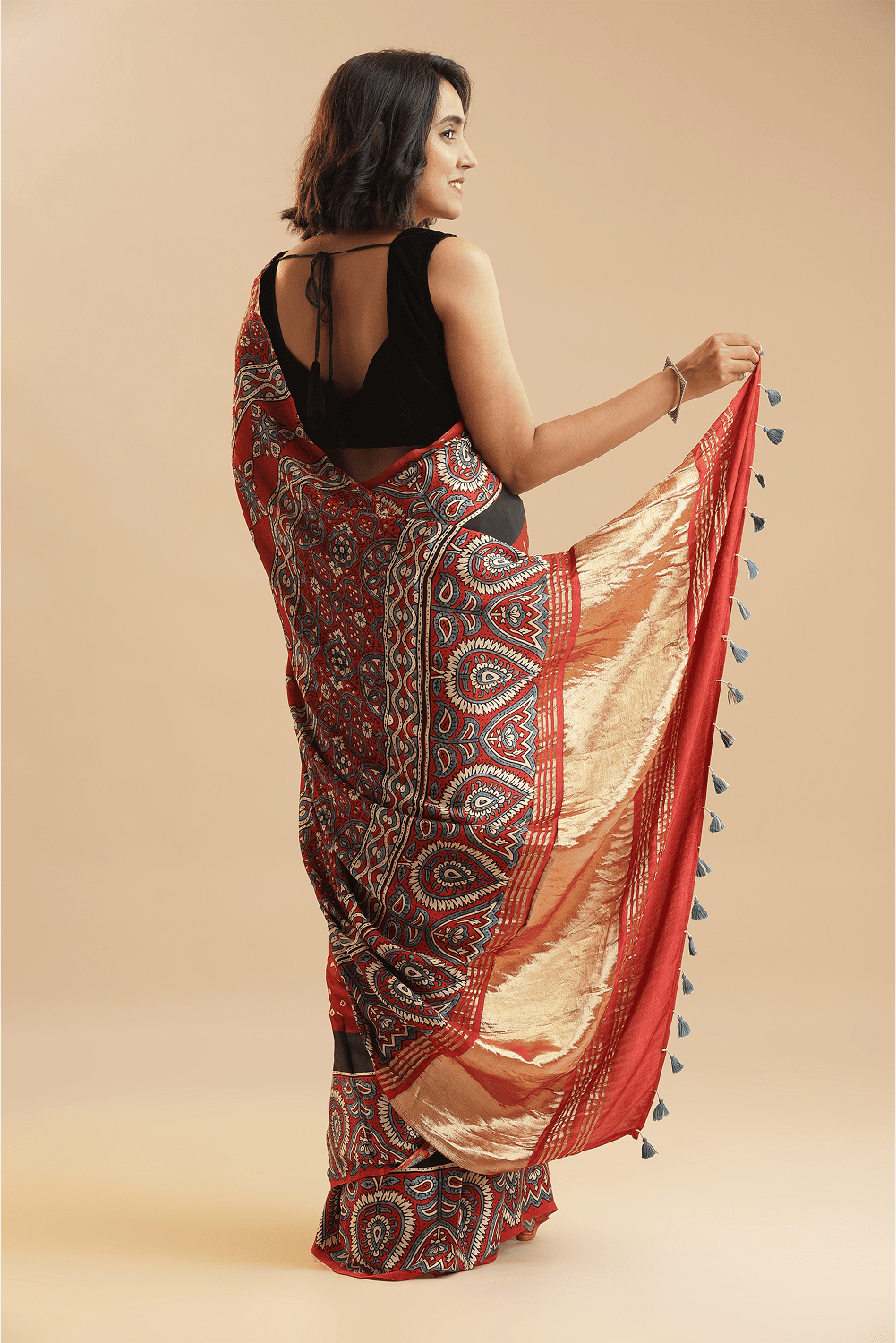 Timeless in Red – Ajrakh × Bandhani in Modal Silk Saree with rich Lagdipatta Pallu