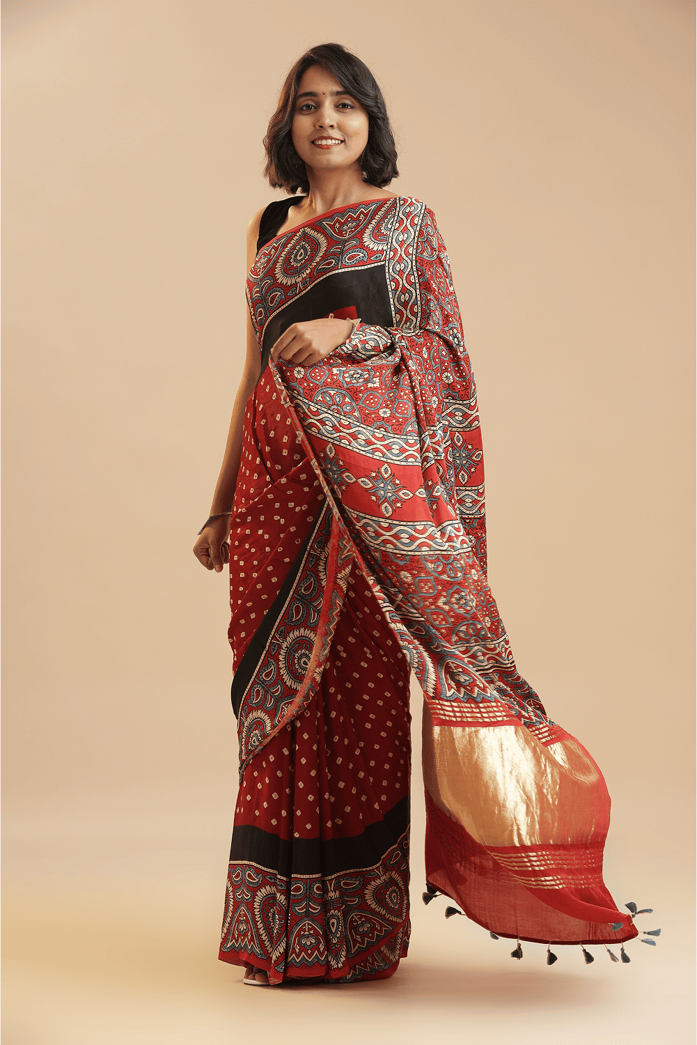 Timeless in Red – Ajrakh × Bandhani in Modal Silk Saree with rich Lagdipatta Pallu