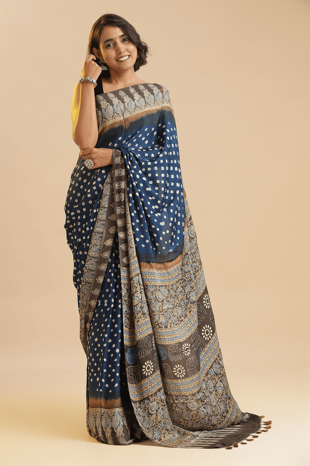 Timeless in Indigo Blue – Ajrakh × Bandhani in Modal Silk Saree