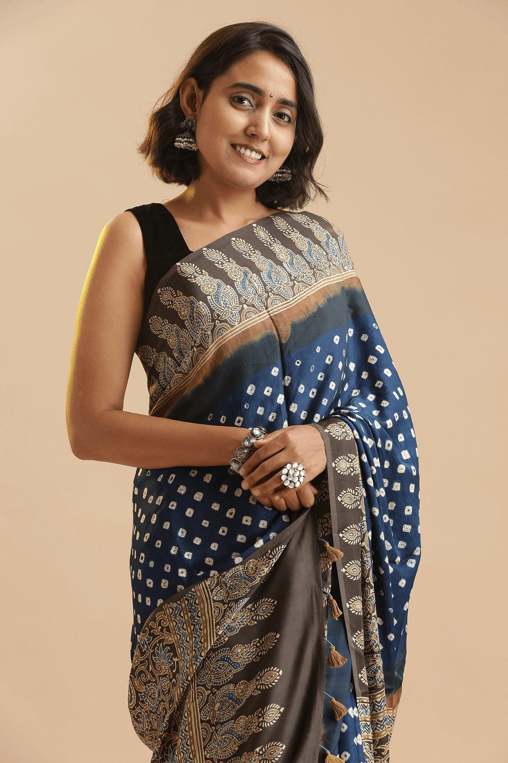Timeless in Indigo Blue – Ajrakh × Bandhani in Modal Silk Saree
