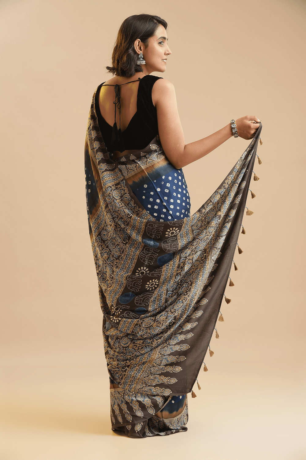 Timeless in Indigo Blue – Ajrakh × Bandhani in Modal Silk Saree