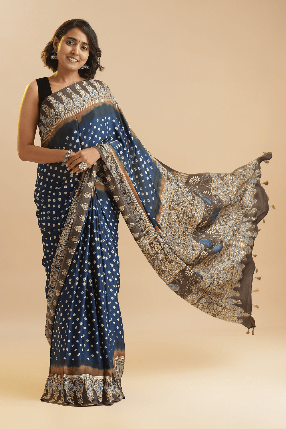 Timeless in Indigo Blue – Ajrakh × Bandhani in Modal Silk Saree