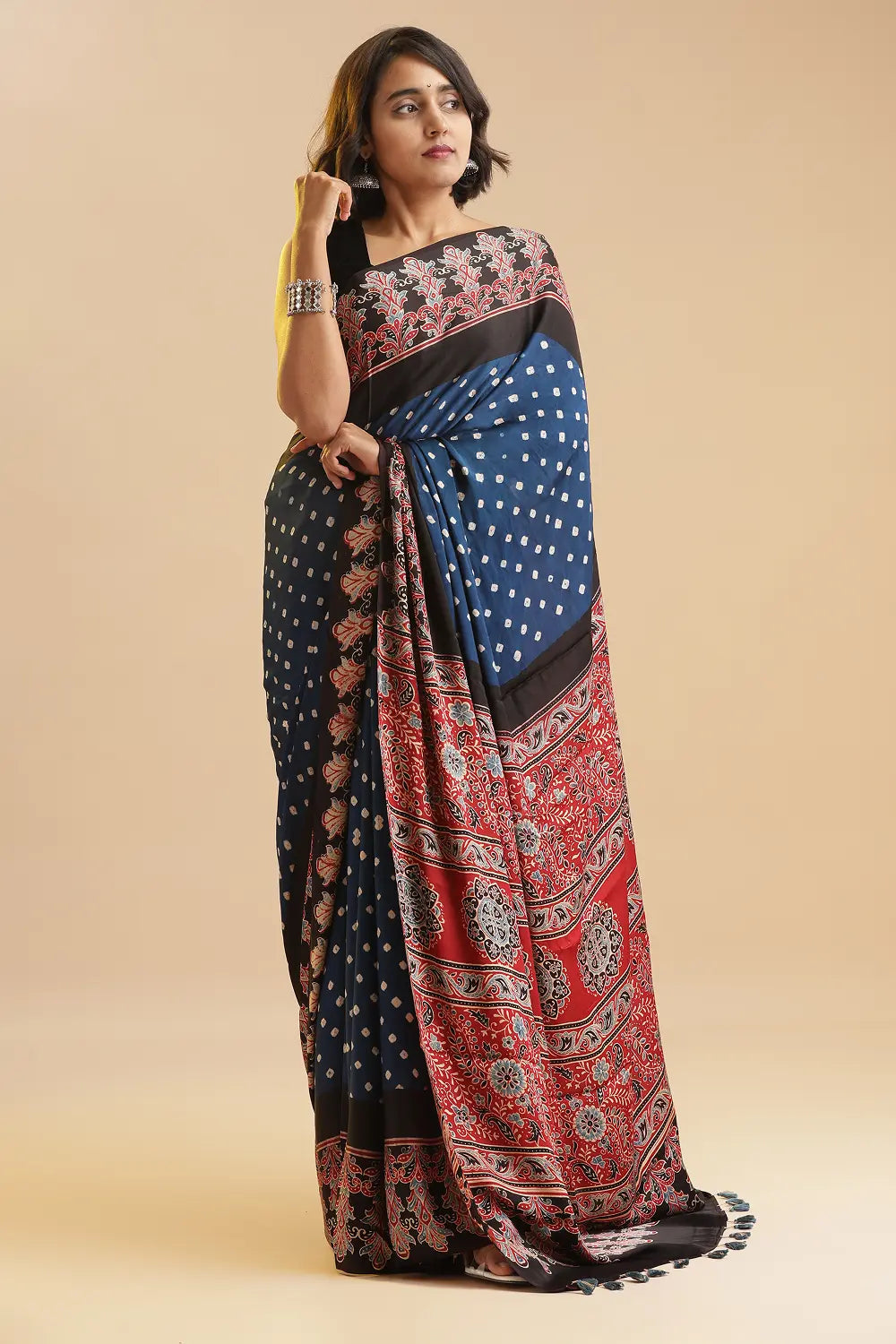 Timeless in Dark Blue – Ajrakh × Bandhani in Modal Silk Saree