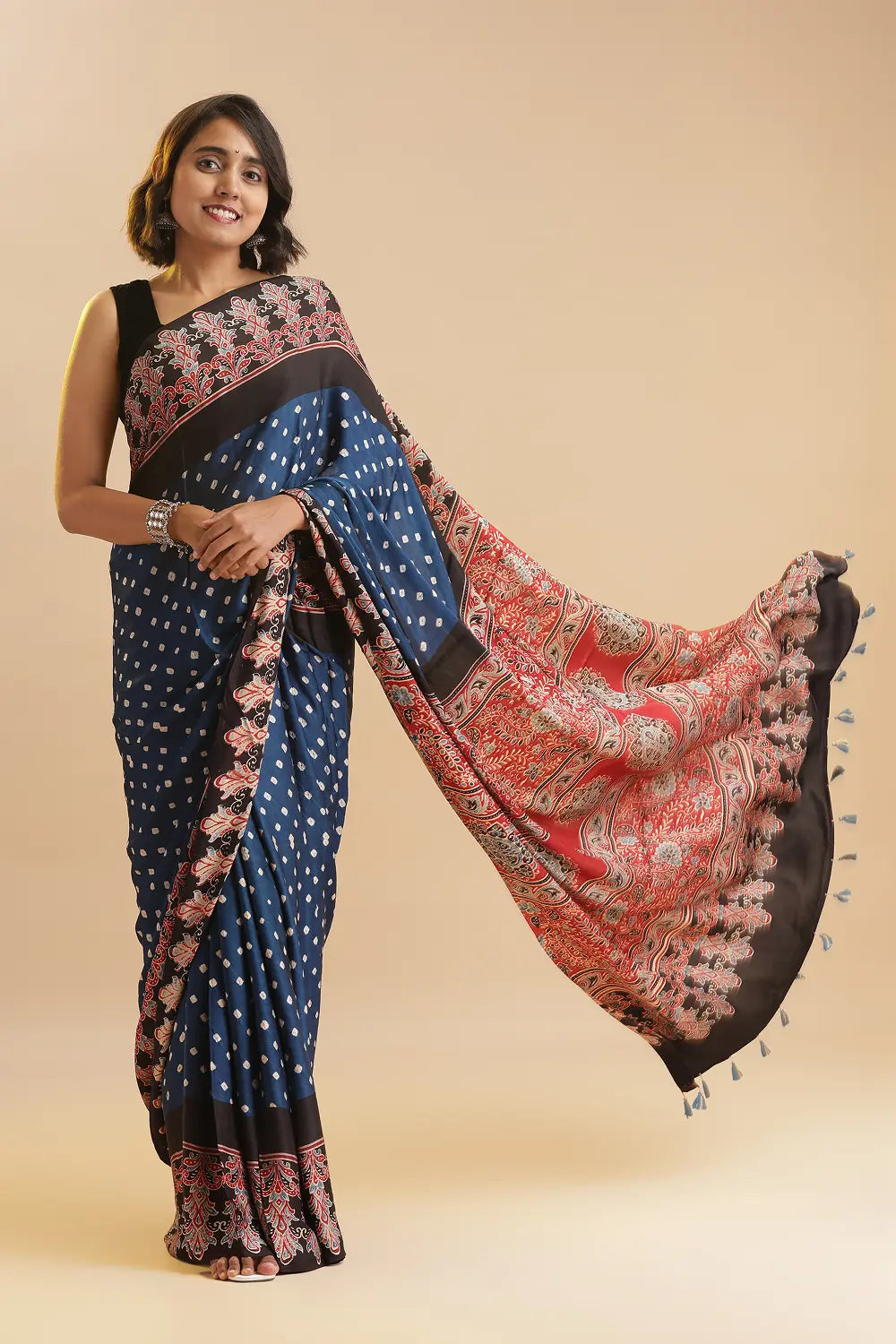Timeless in Dark Blue – Ajrakh × Bandhani in Modal Silk Saree