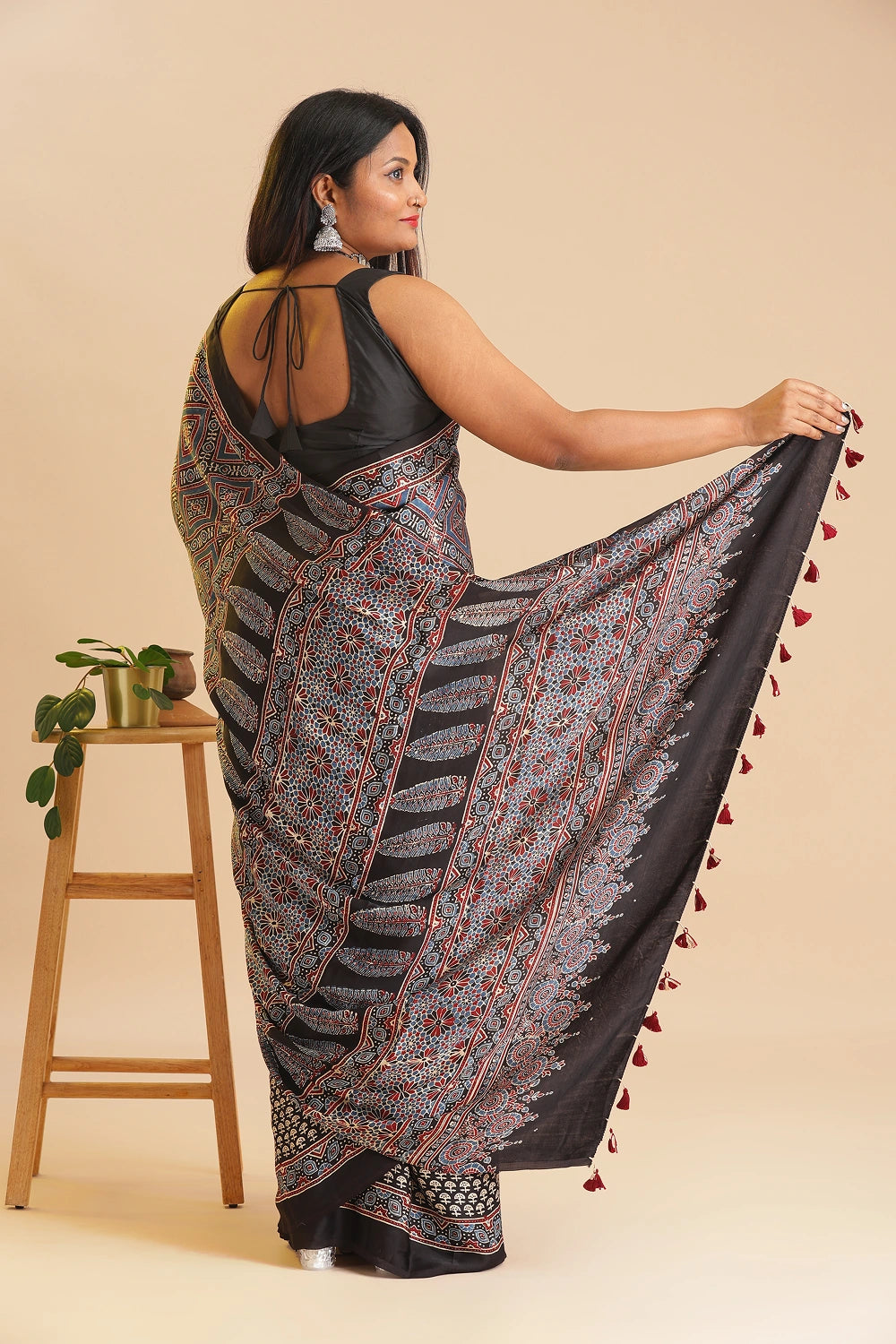 Black Heritage Charm – Classic Ajrakh Block Printed Modal Silk Saree