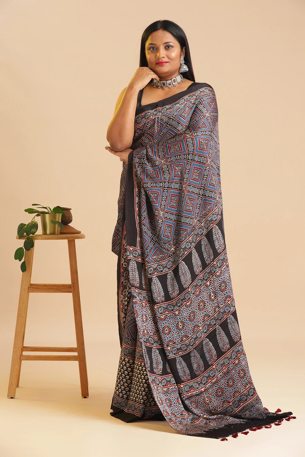 Black Heritage Charm – Classic Ajrakh Block Printed Modal Silk Saree