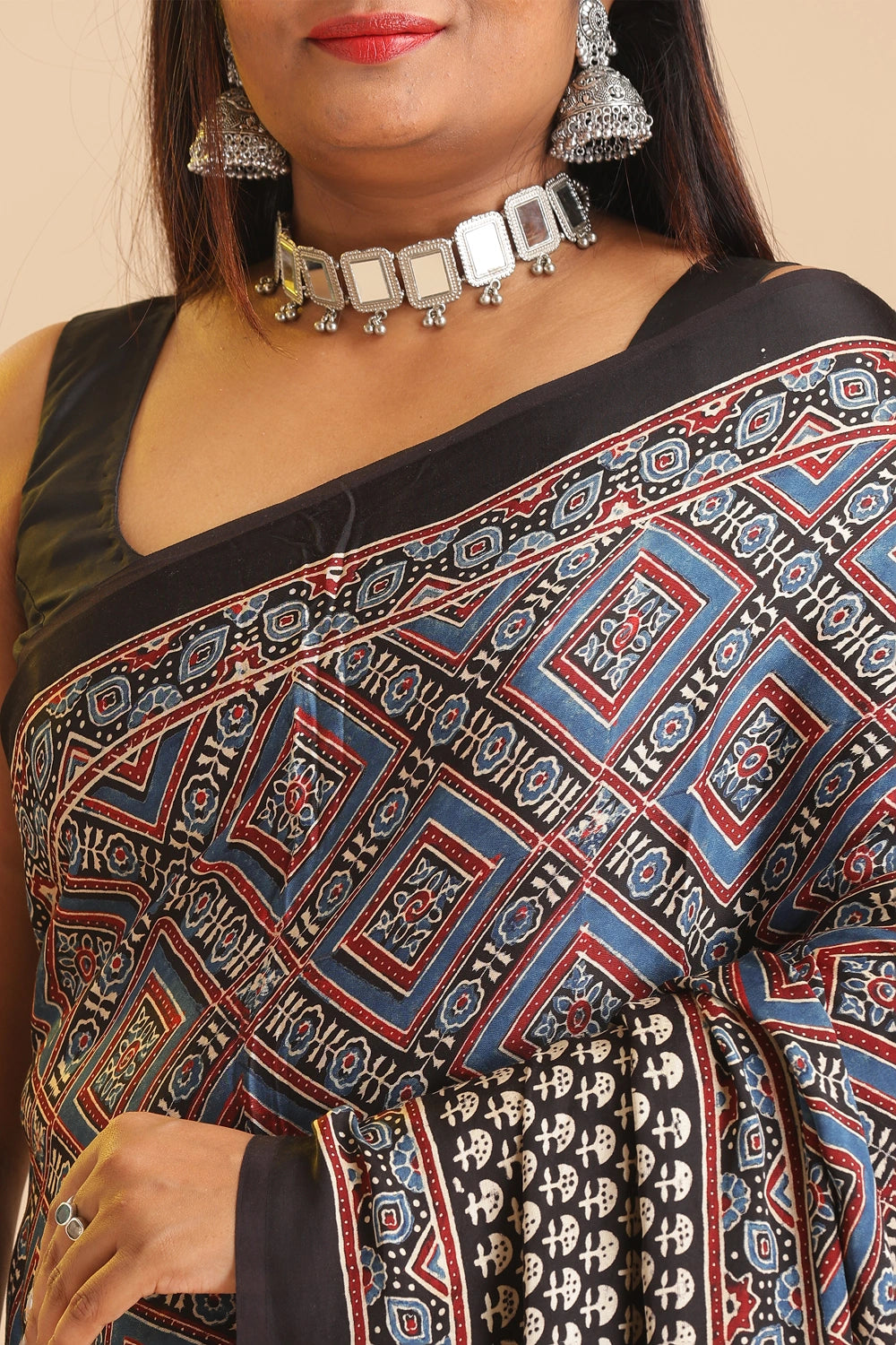 Black Heritage Charm – Classic Ajrakh Block Printed Modal Silk Saree