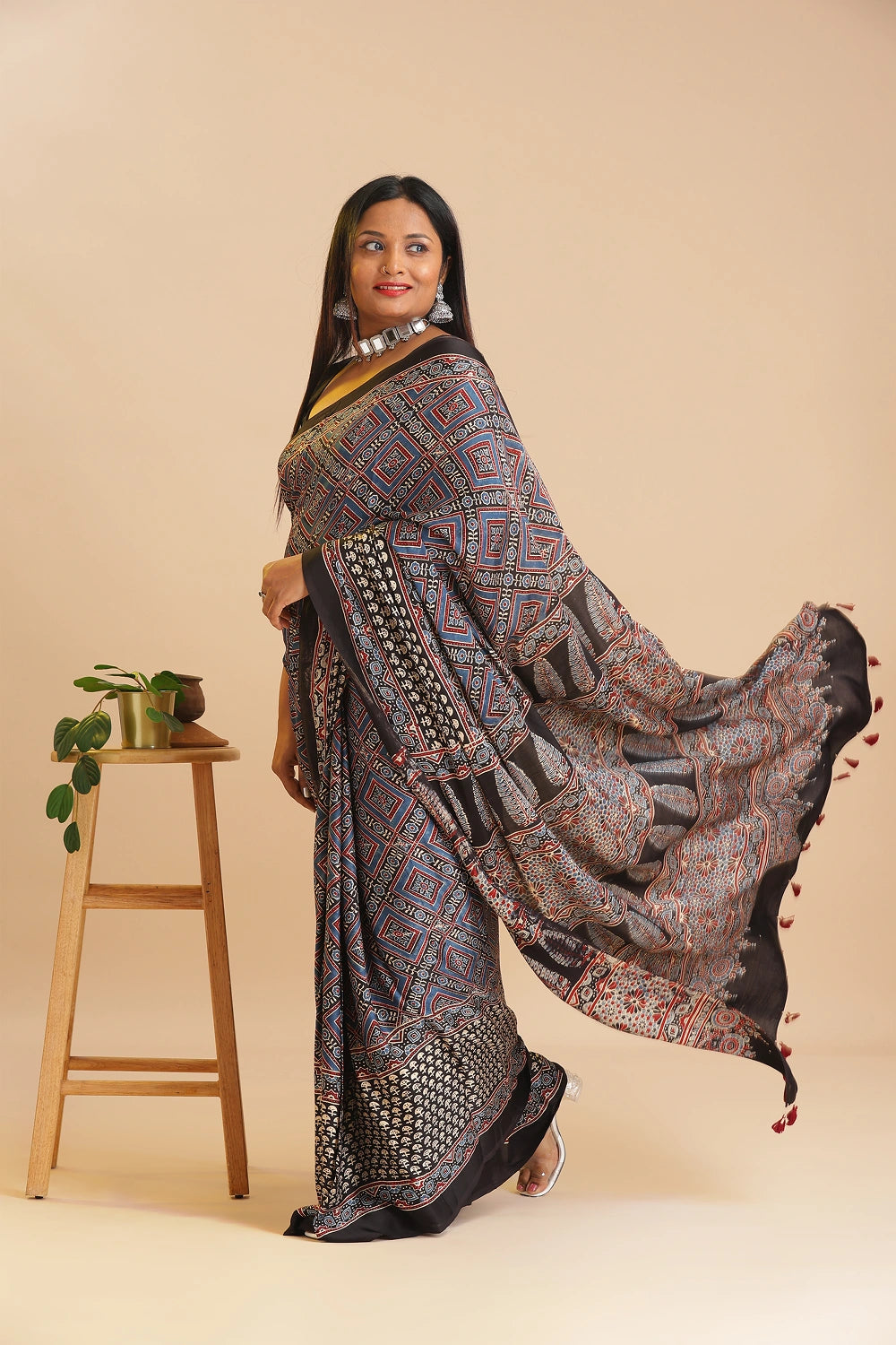 Black Heritage Charm – Classic Ajrakh Block Printed Modal Silk Saree