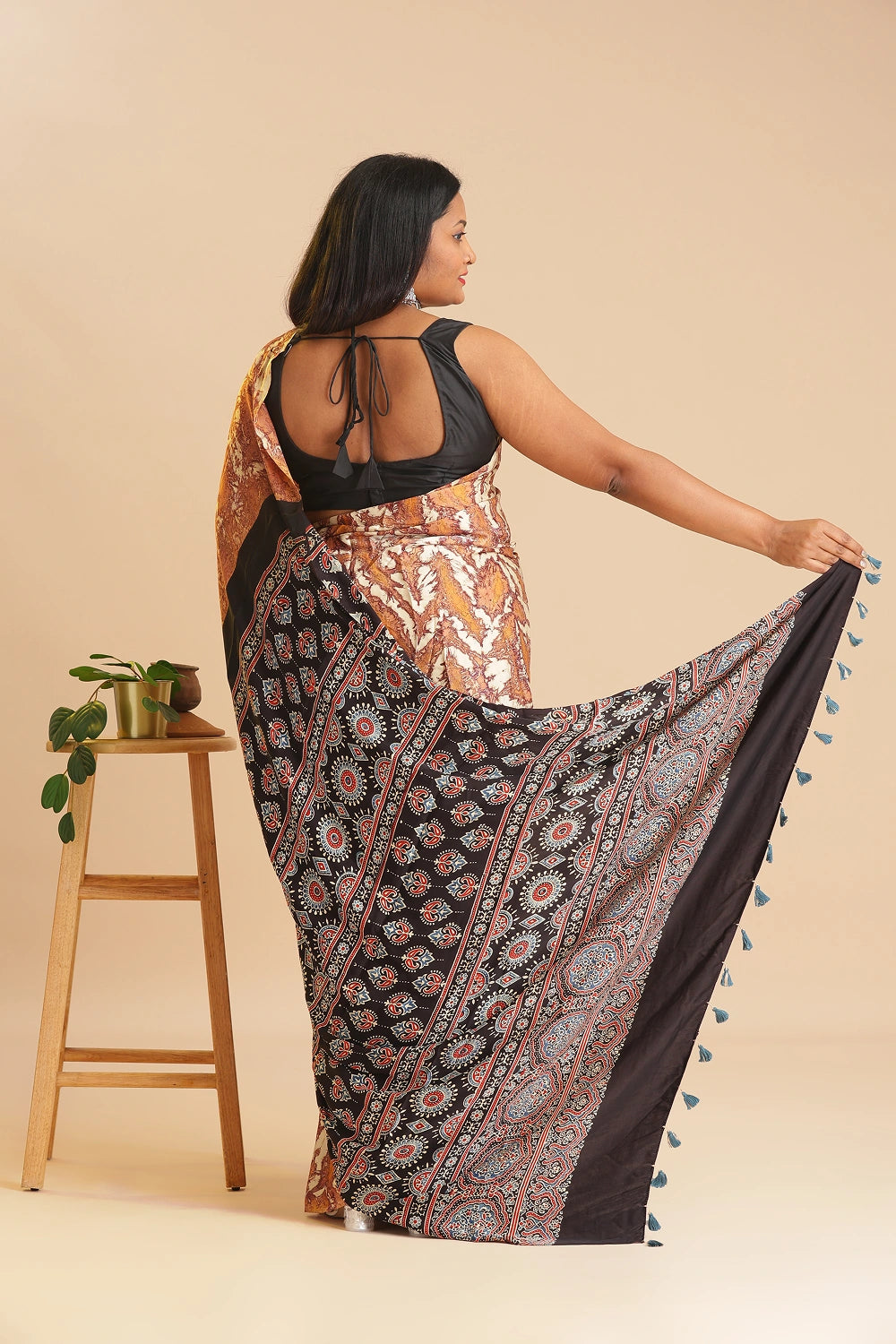 Orange Heritage Charm – Classic Ajrakh Modal Silk Saree with Abstract Marble Pattern
