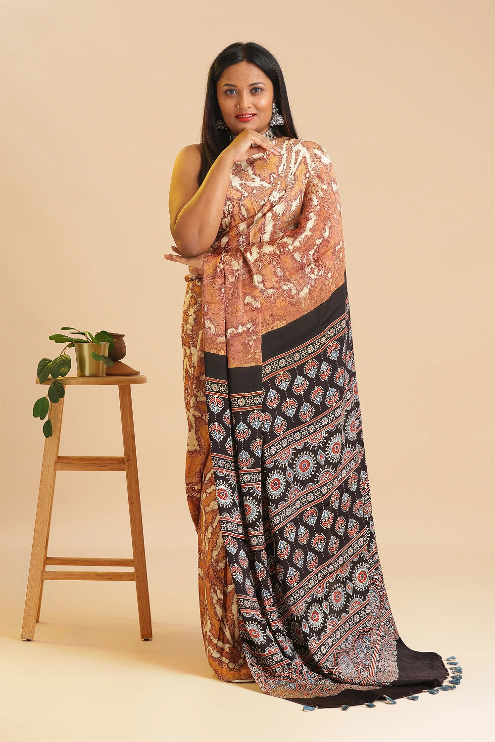 Orange Heritage Charm – Classic Ajrakh Modal Silk Saree with Abstract Marble Pattern