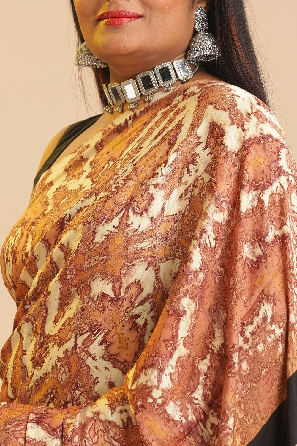 Orange Heritage Charm – Classic Ajrakh Modal Silk Saree with Abstract Marble Pattern