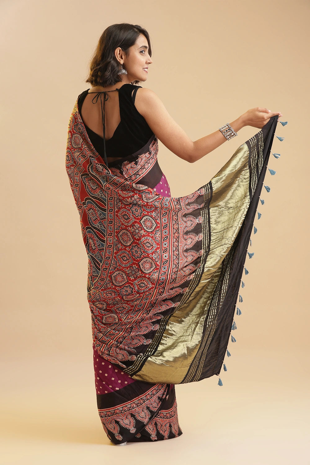 Timeless in Pink – Ajrakh × Bandhani in Modal Silk Saree with rich Lagditpatta Pallu