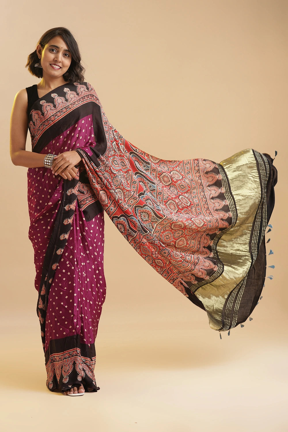 Timeless in Pink – Ajrakh × Bandhani in Modal Silk Saree with rich Lagditpatta Pallu