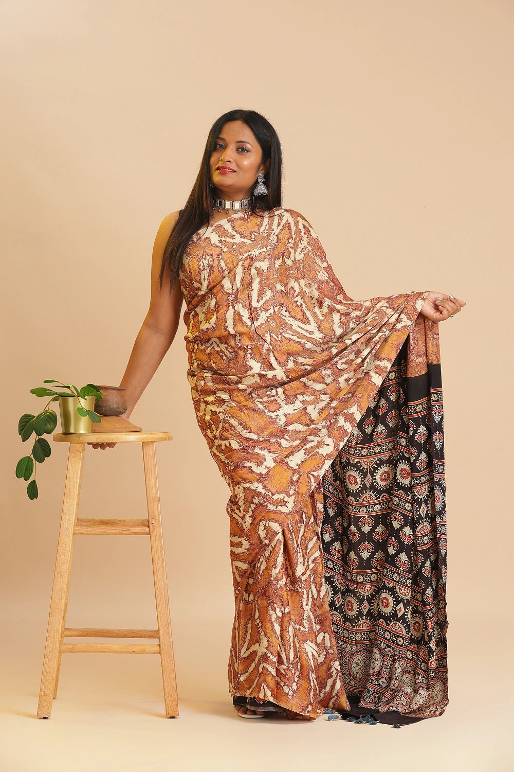 Orange Heritage Charm – Classic Ajrakh Modal Silk Saree with Abstract Marble Pattern