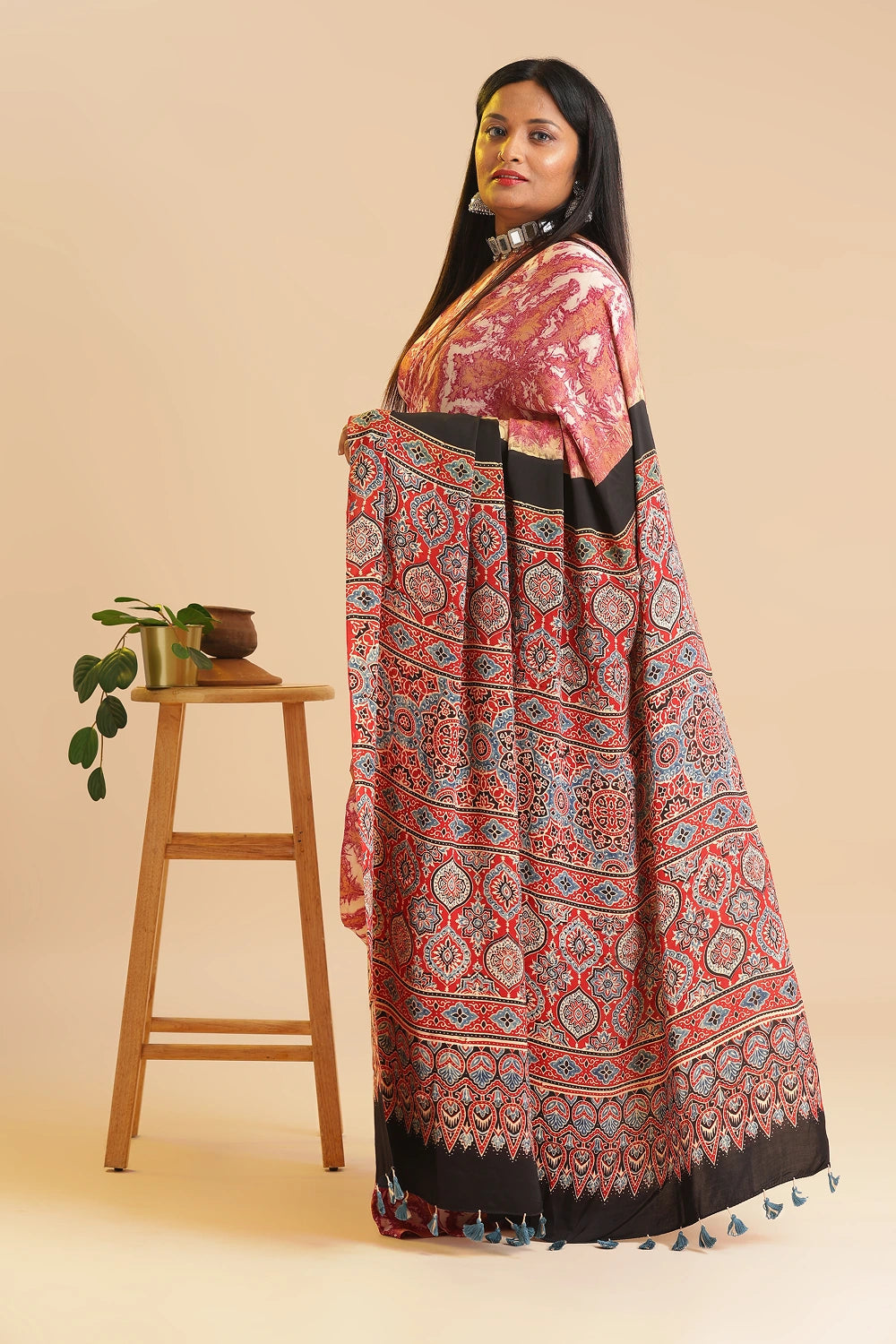 Pink Heritage Charm – Classic Ajrakh Modal Silk Saree with Abstract Marble Pattern