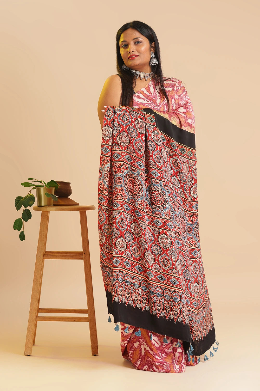 Pink Heritage Charm – Classic Ajrakh Modal Silk Saree with Abstract Marble Pattern