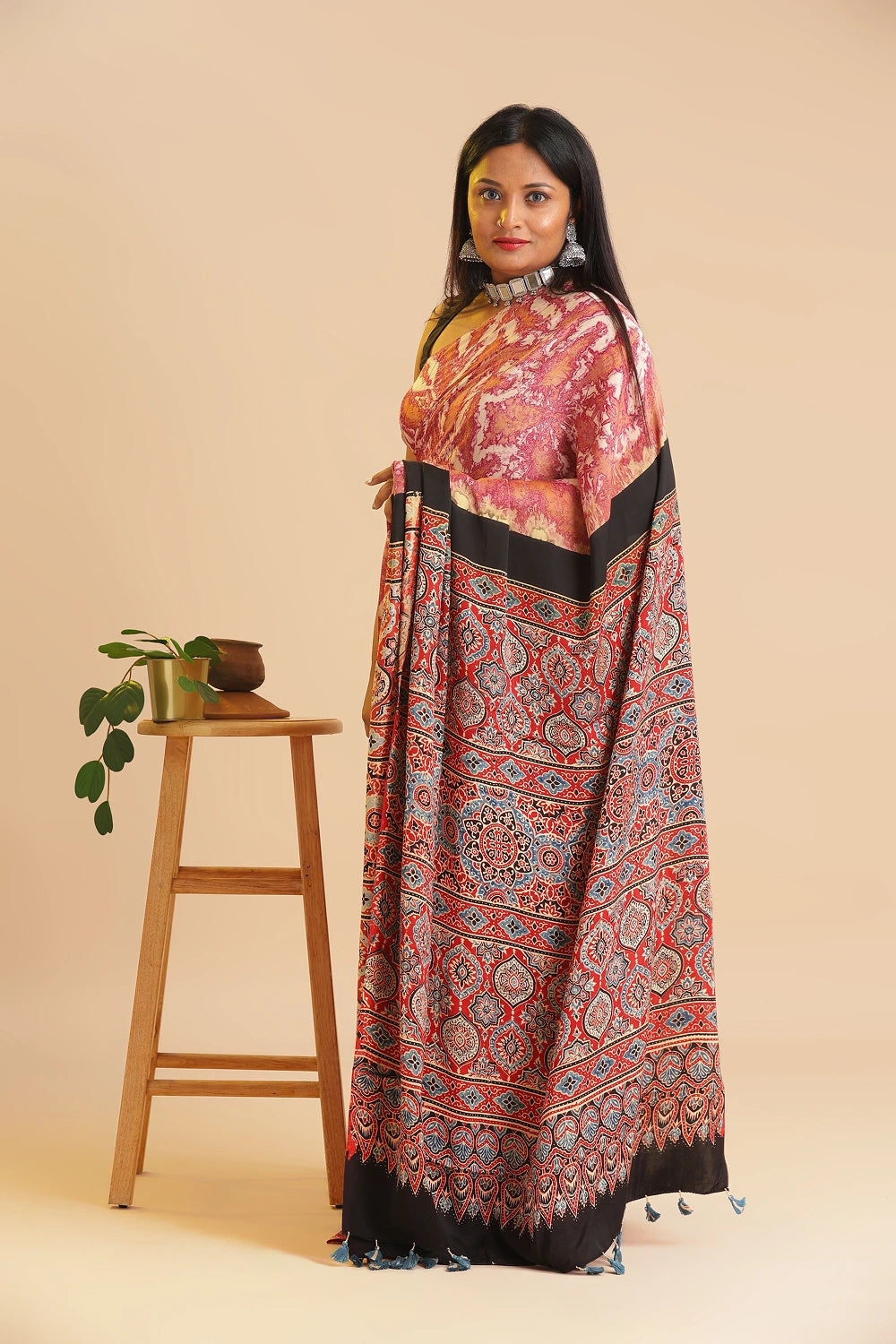 Pink Heritage Charm – Classic Ajrakh Modal Silk Saree with Abstract Marble Pattern