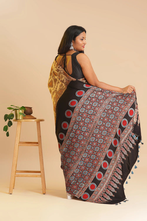 Brown Heritage Charm – Classic Ajrakh Modal Silk Saree with Abstract Marble Pattern