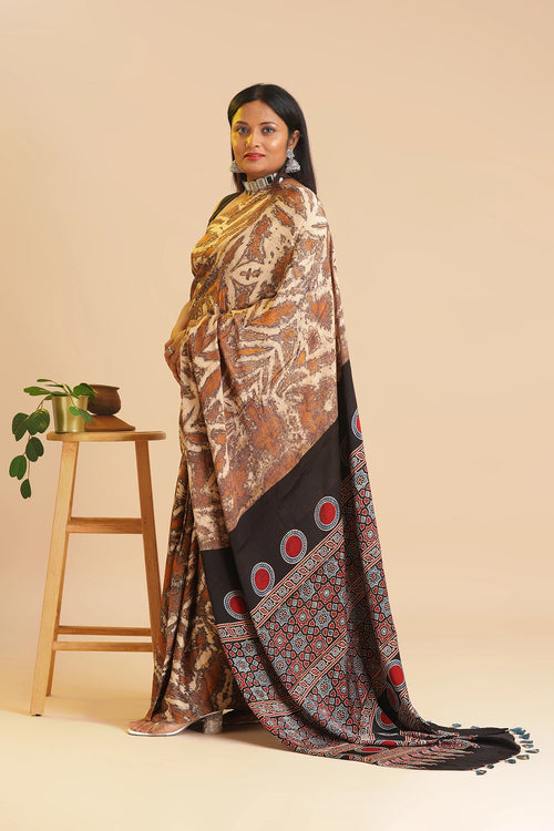 Brown Heritage Charm – Classic Ajrakh Modal Silk Saree with Abstract Marble Pattern