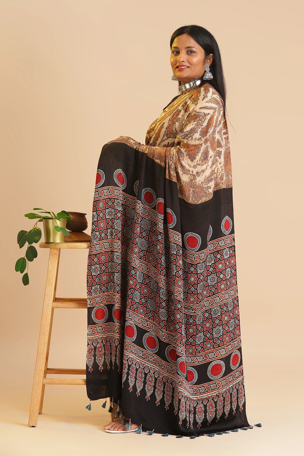 Brown Heritage Charm – Classic Ajrakh Modal Silk Saree with Abstract Marble Pattern