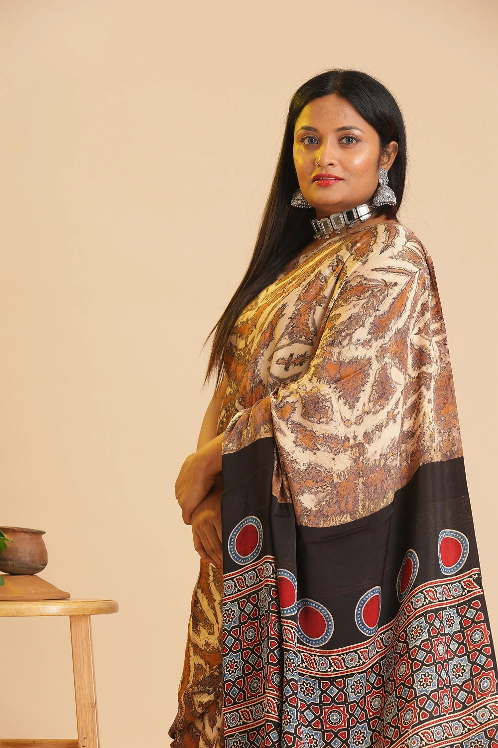 Brown Heritage Charm – Classic Ajrakh Modal Silk Saree with Abstract Marble Pattern