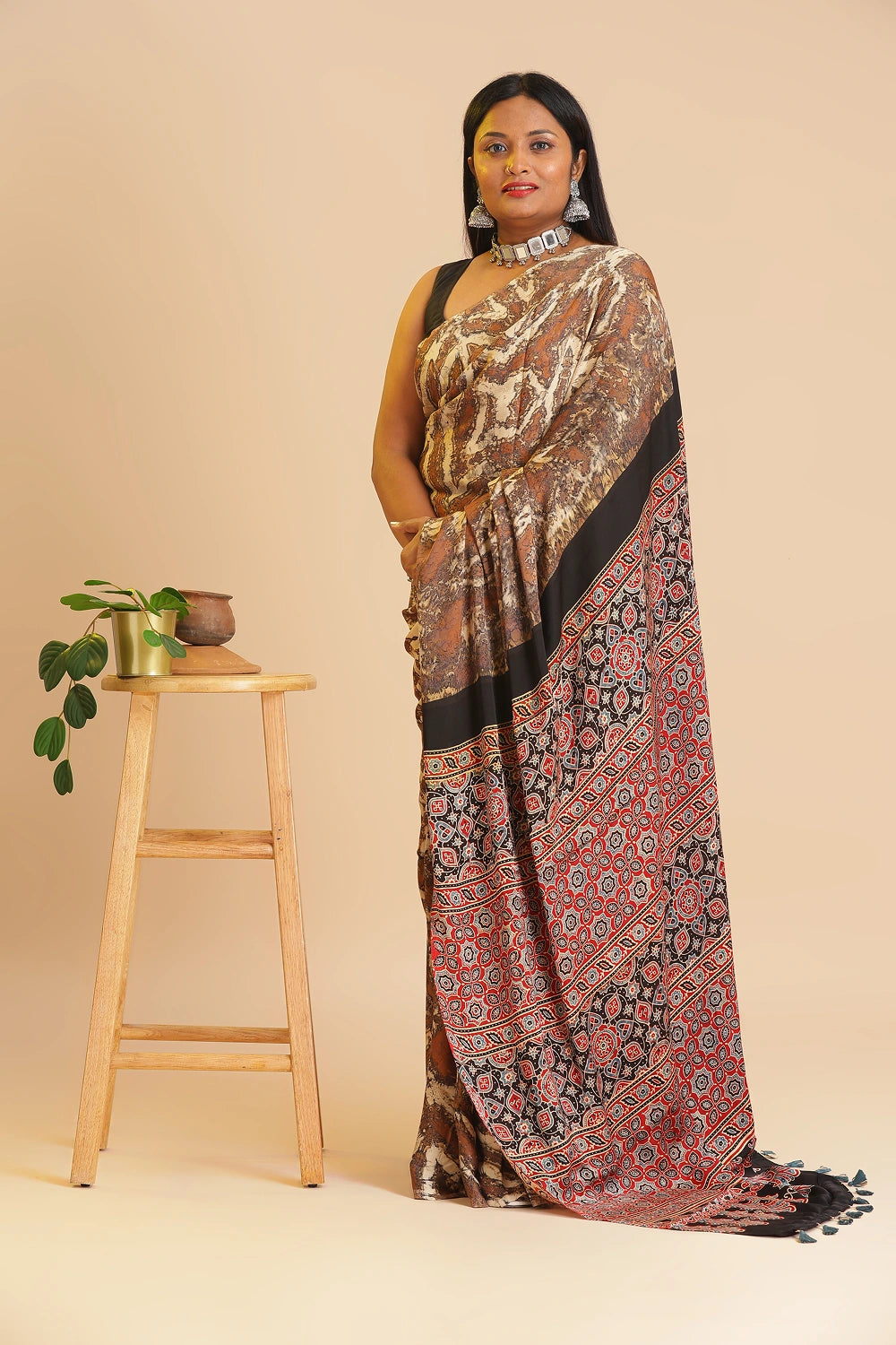 Brown Heritage Charm – Classic Ajrakh Modal Silk Saree with Abstract Marble Pattern