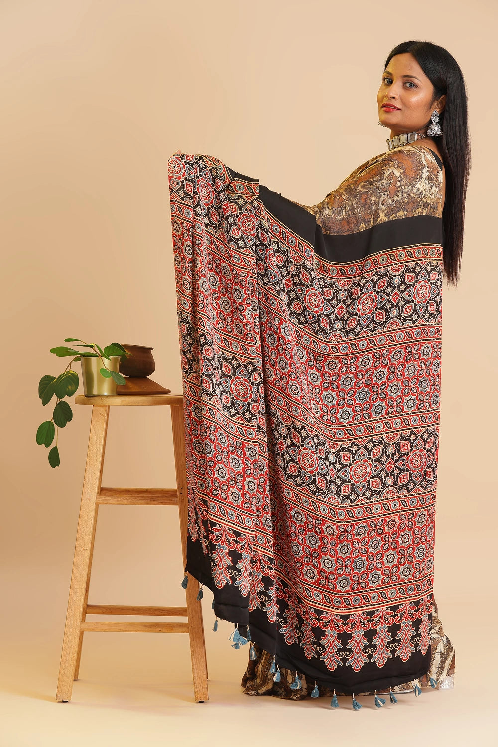Brown Heritage Charm – Classic Ajrakh Modal Silk Saree with Abstract Marble Pattern