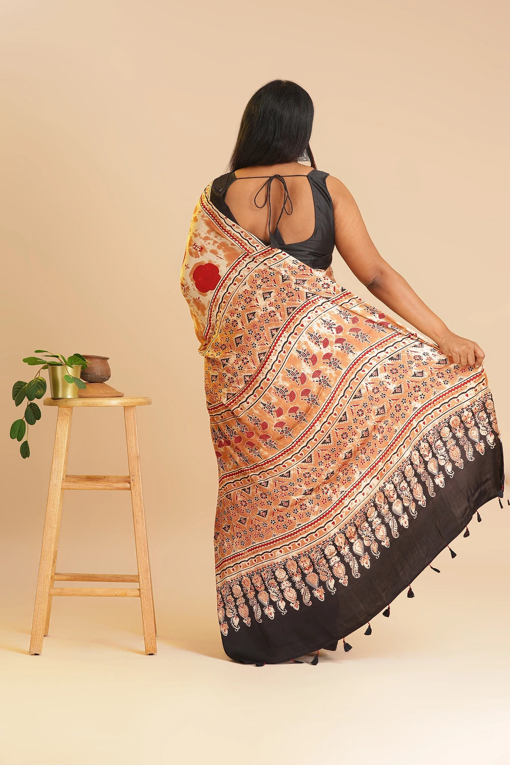 Off - White Heritage Charm – Classic Ajrakh Block Printed Modal Silk Saree