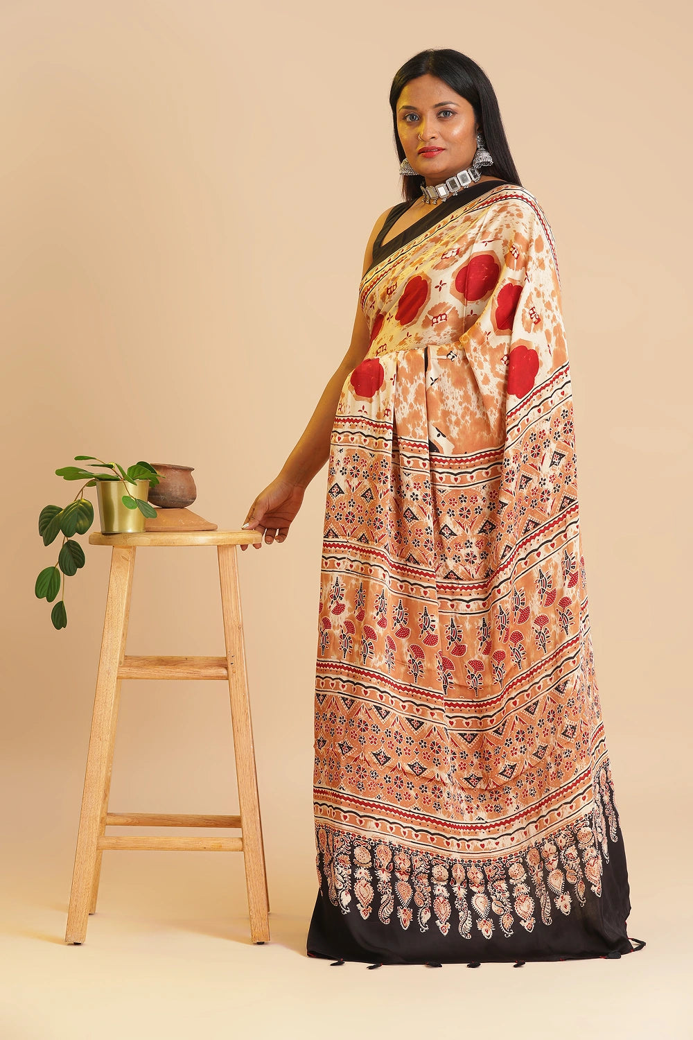 Off - White Heritage Charm – Classic Ajrakh Block Printed Modal Silk Saree