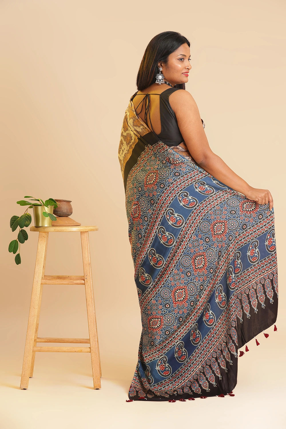 Brown Heritage Charm – Classic Ajrakh Modal Silk Saree with Abstract Marble Pattern