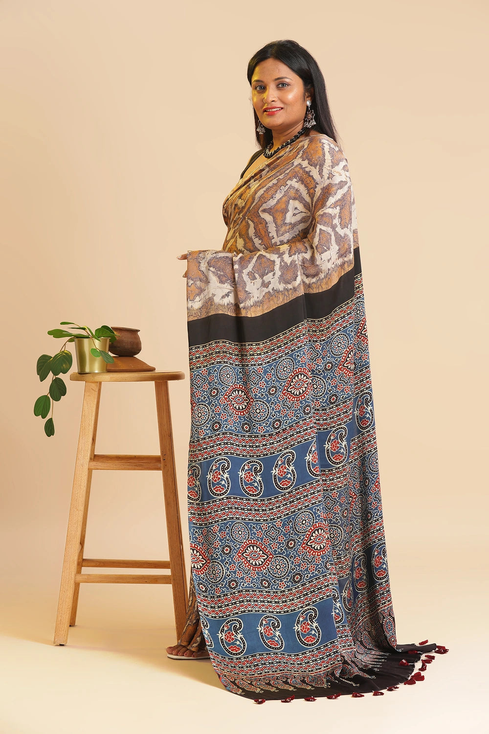 Brown Heritage Charm – Classic Ajrakh Modal Silk Saree with Abstract Marble Pattern