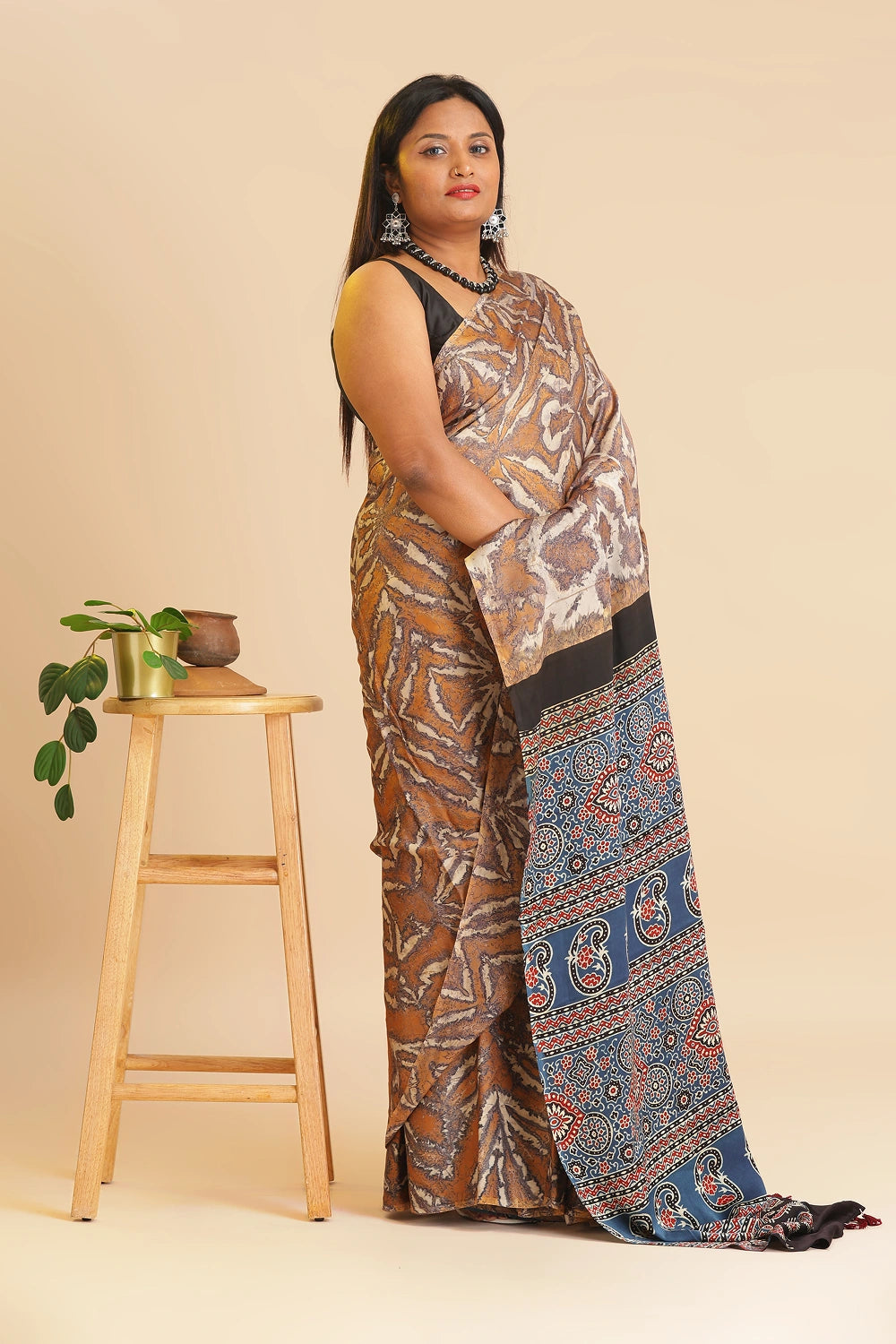 Brown Heritage Charm – Classic Ajrakh Modal Silk Saree with Abstract Marble Pattern