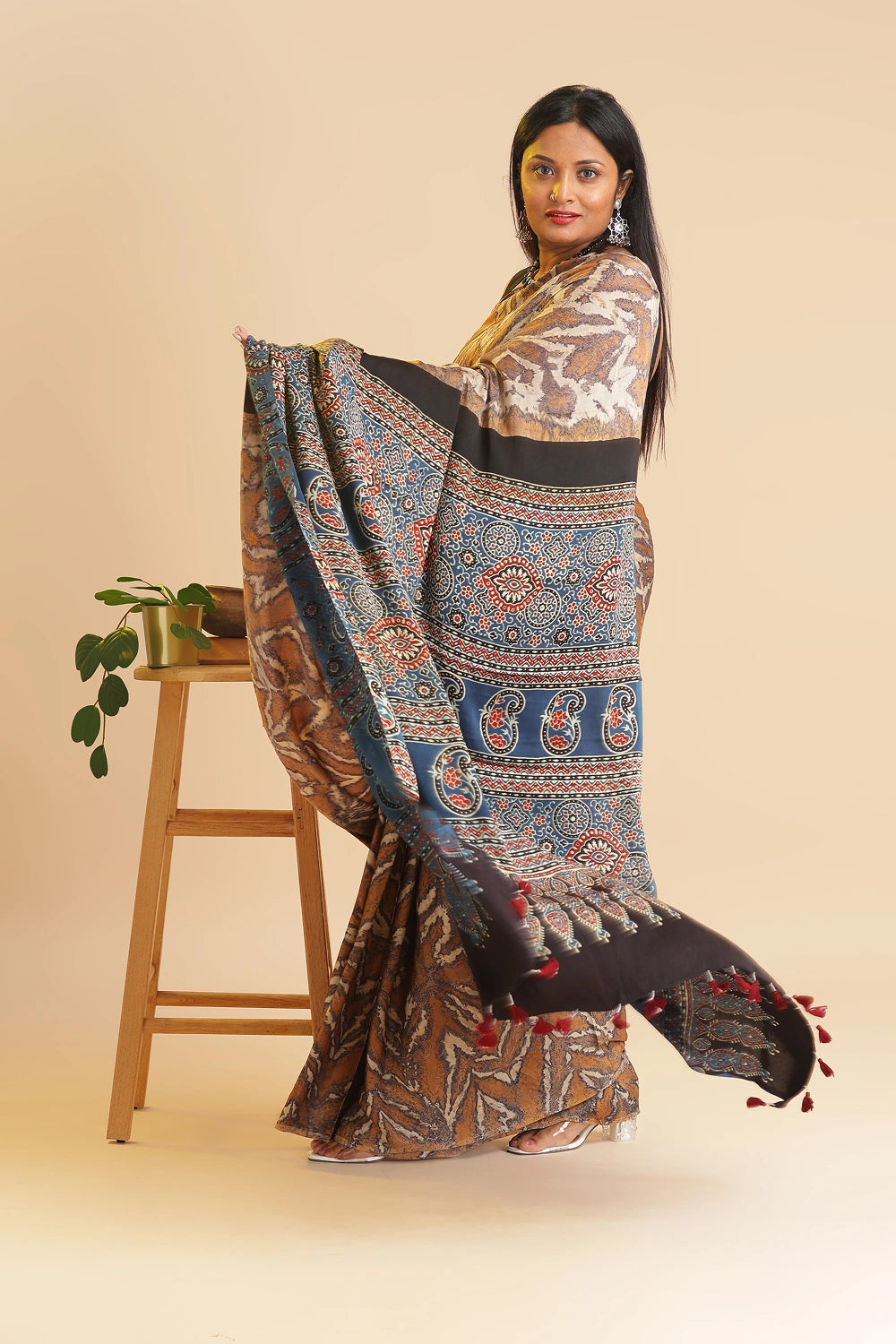 Brown Heritage Charm – Classic Ajrakh Modal Silk Saree with Abstract Marble Pattern
