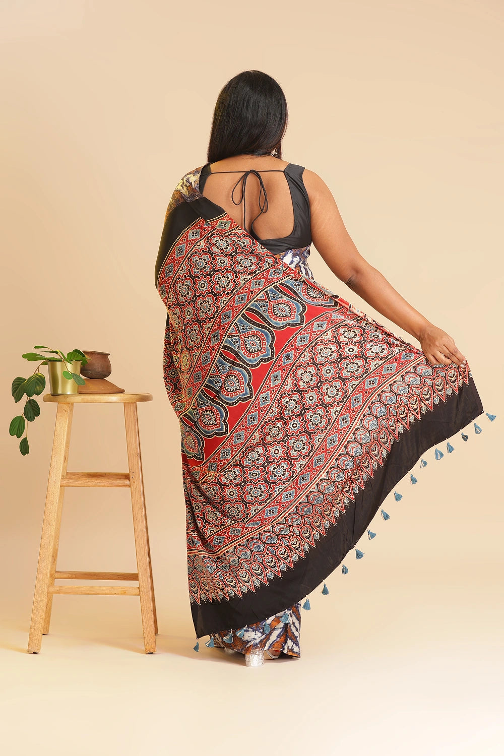 Brown Heritage Charm – Classic Ajrakh Modal Silk Saree with Abstract Marble Pattern