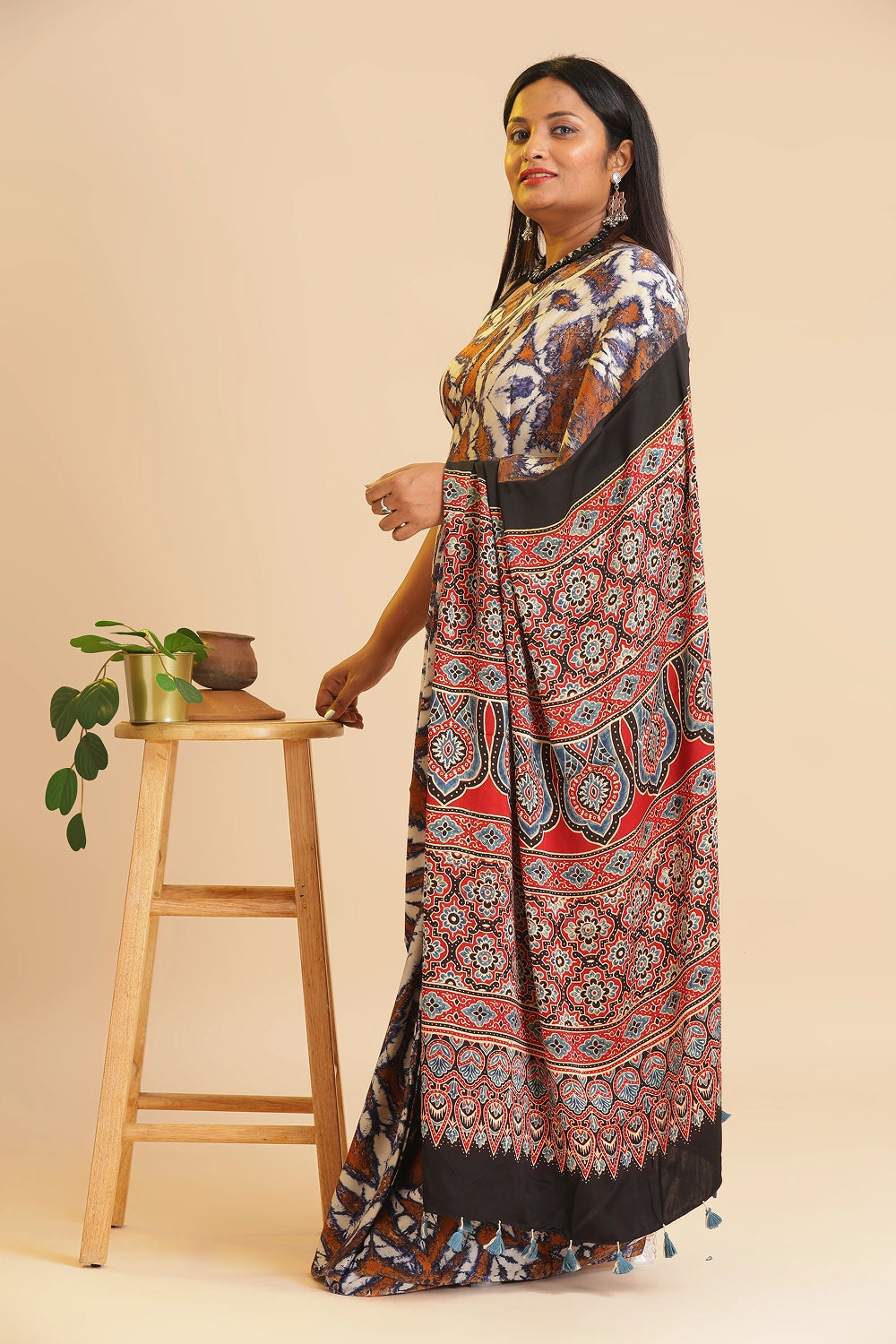 Brown Heritage Charm – Classic Ajrakh Modal Silk Saree with Abstract Marble Pattern