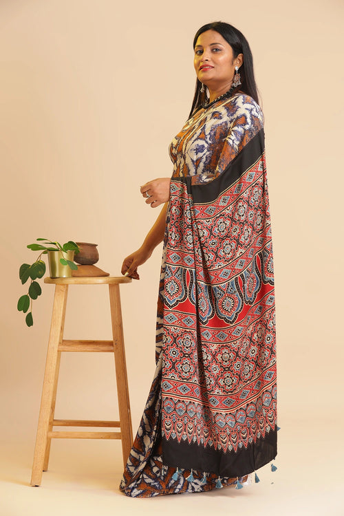 Brown Heritage Charm – Classic Ajrakh Modal Silk Saree with Abstract Marble Pattern