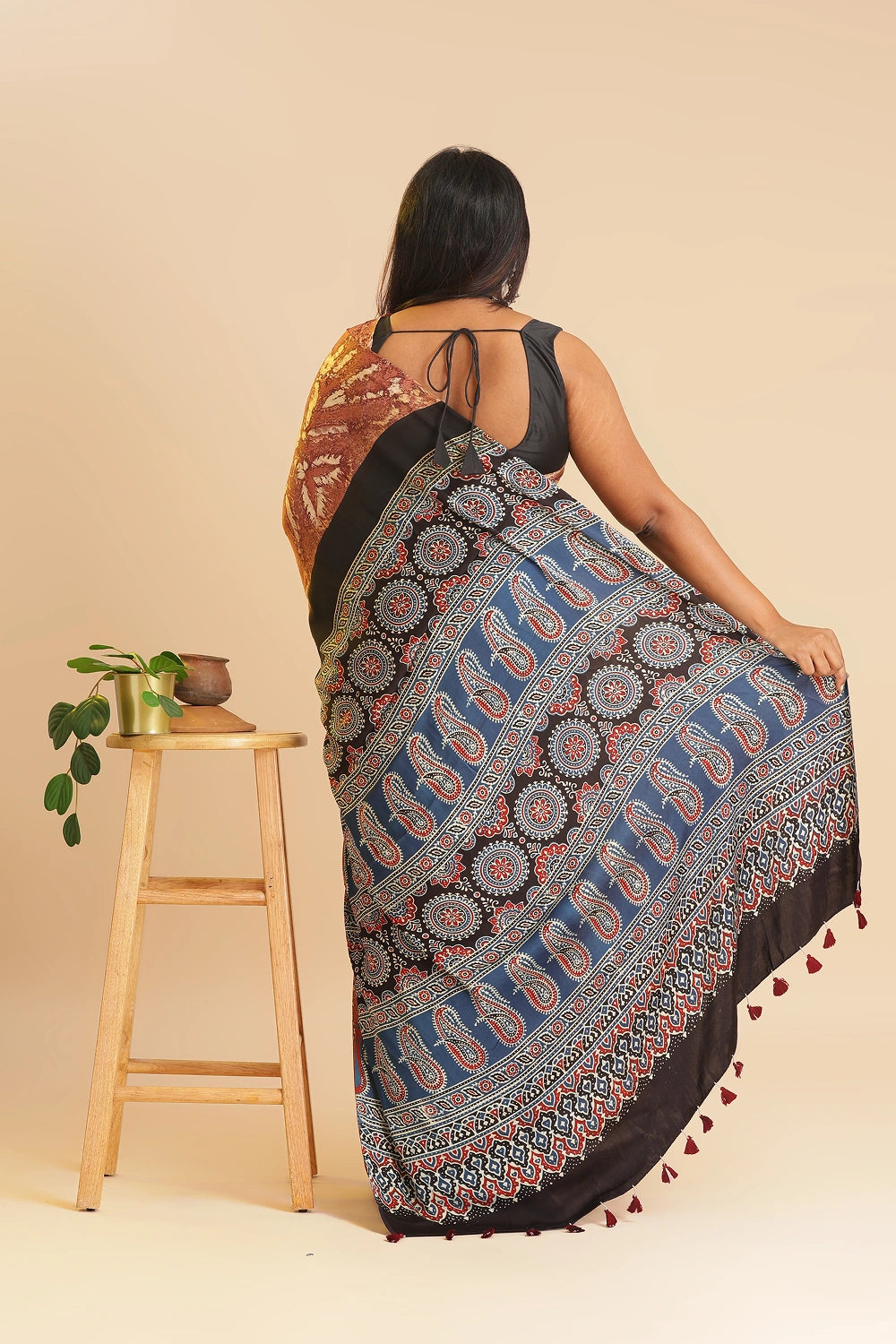 Orange Heritage Charm – Classic Ajrakh Modal Silk Saree with Abstract Marble Pattern
