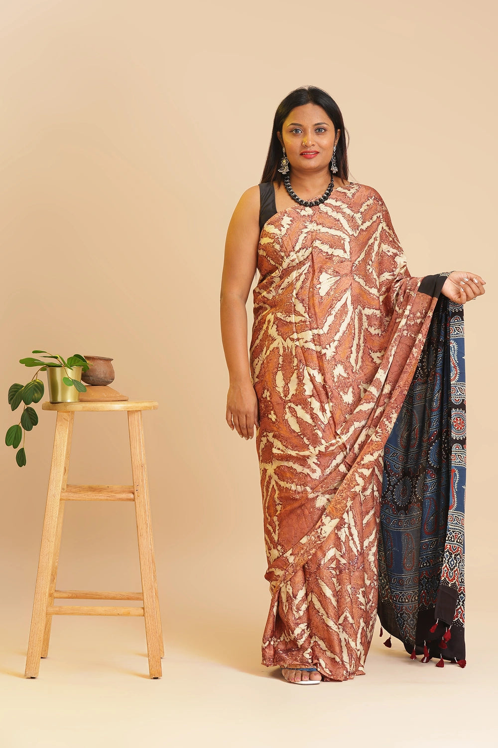 Orange Heritage Charm – Classic Ajrakh Modal Silk Saree with Abstract Marble Pattern