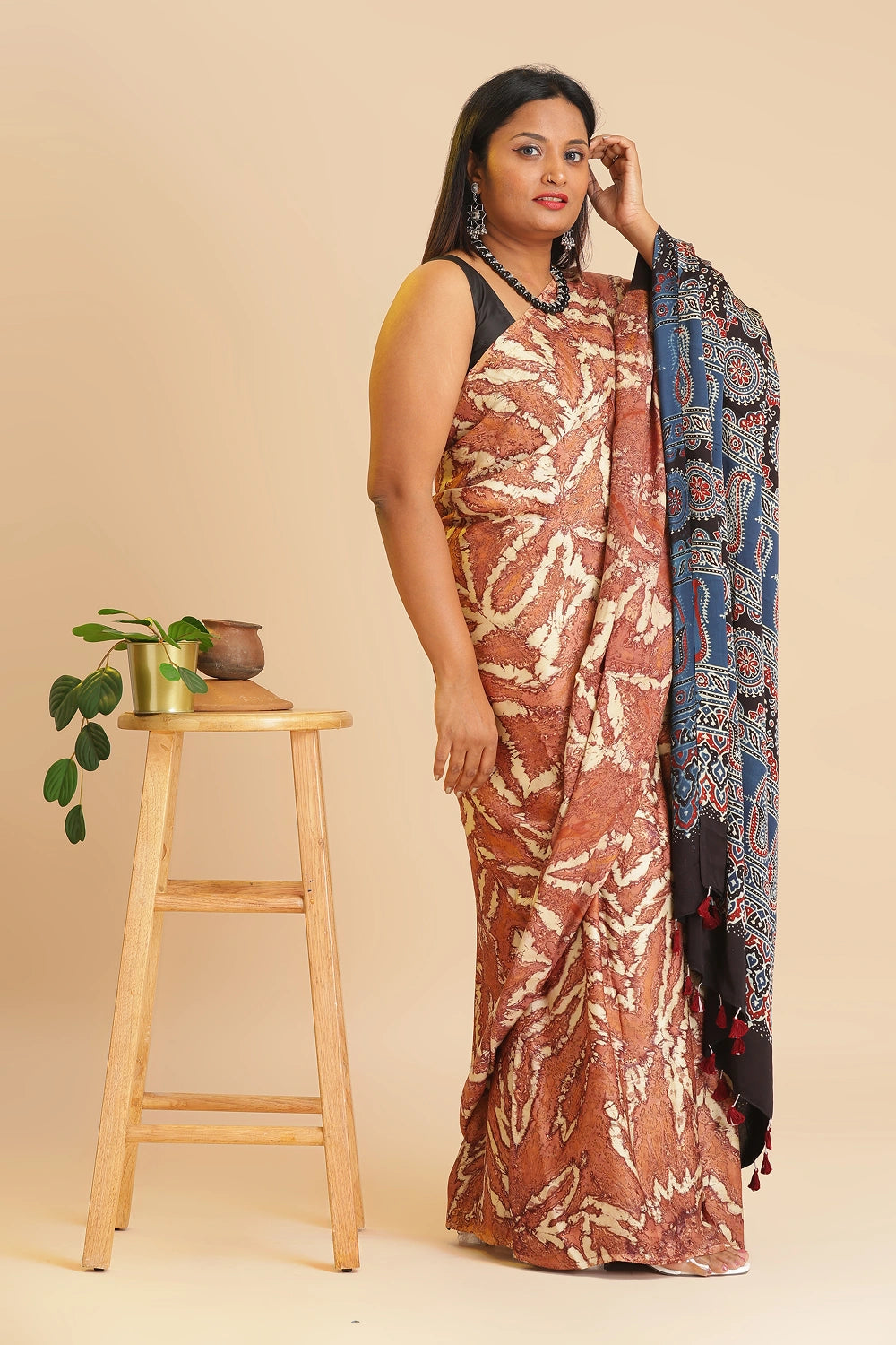 Orange Heritage Charm – Classic Ajrakh Modal Silk Saree with Abstract Marble Pattern