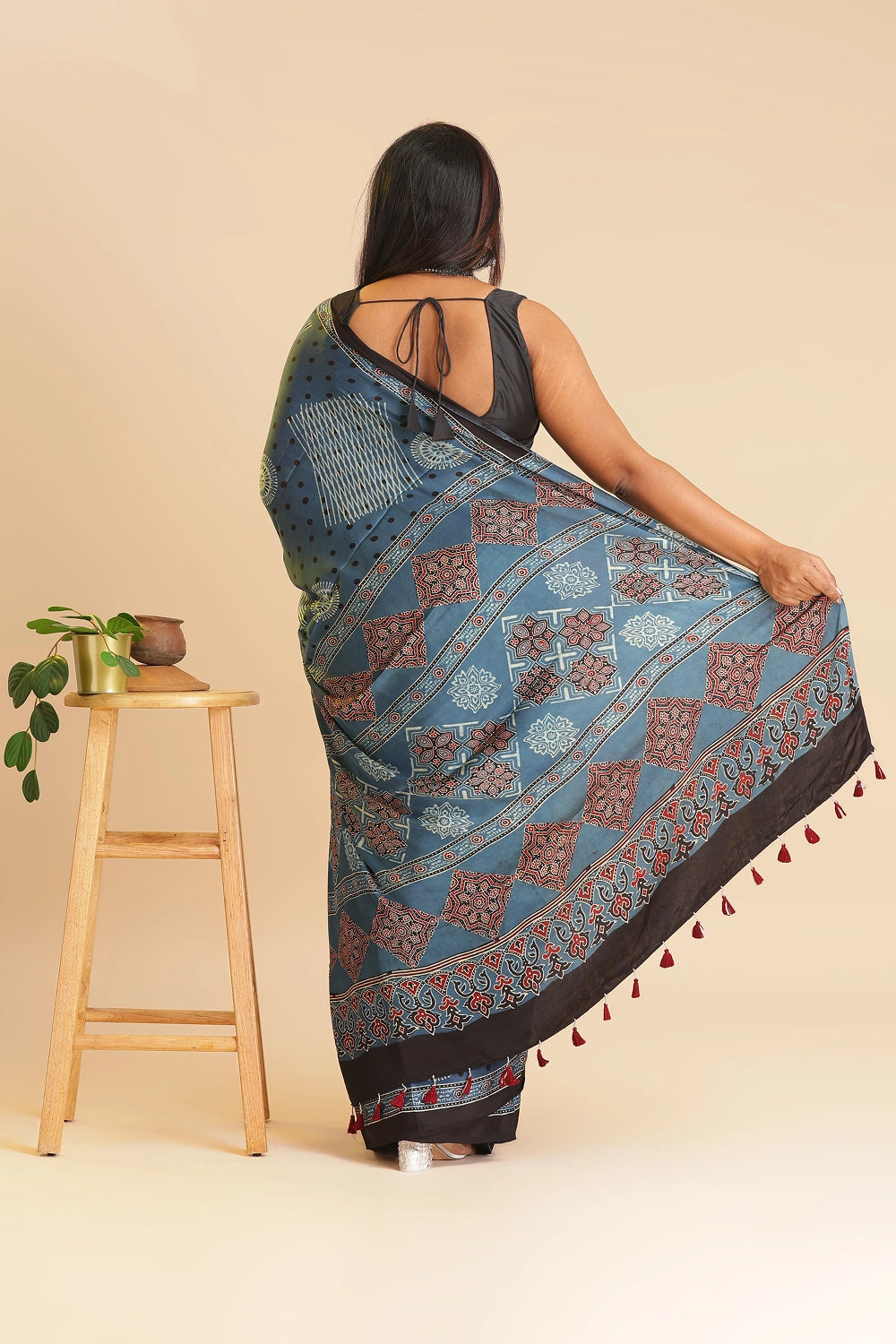 Blue Heritage Charm – Classic Ajrakh Block Printed Modal Silk Saree