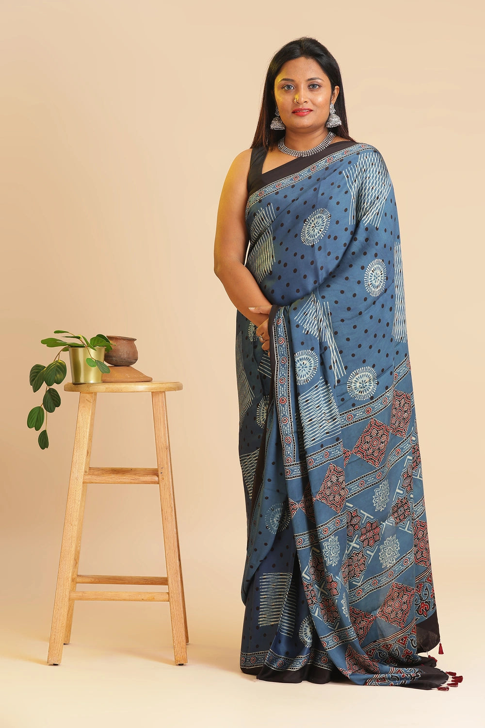 Blue Heritage Charm – Classic Ajrakh Block Printed Modal Silk Saree